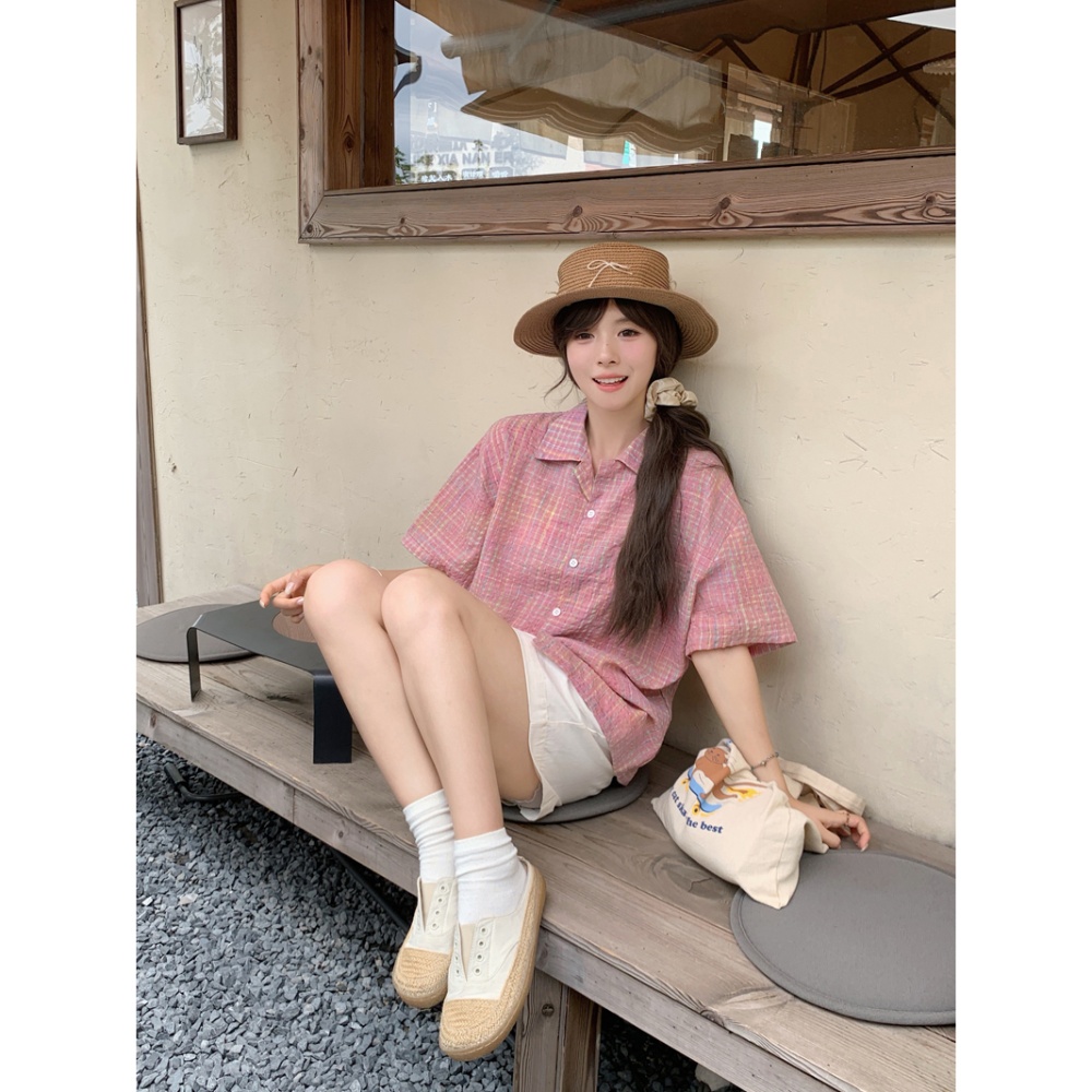 Summer plaid cotton tops bubble all-match loose shirt