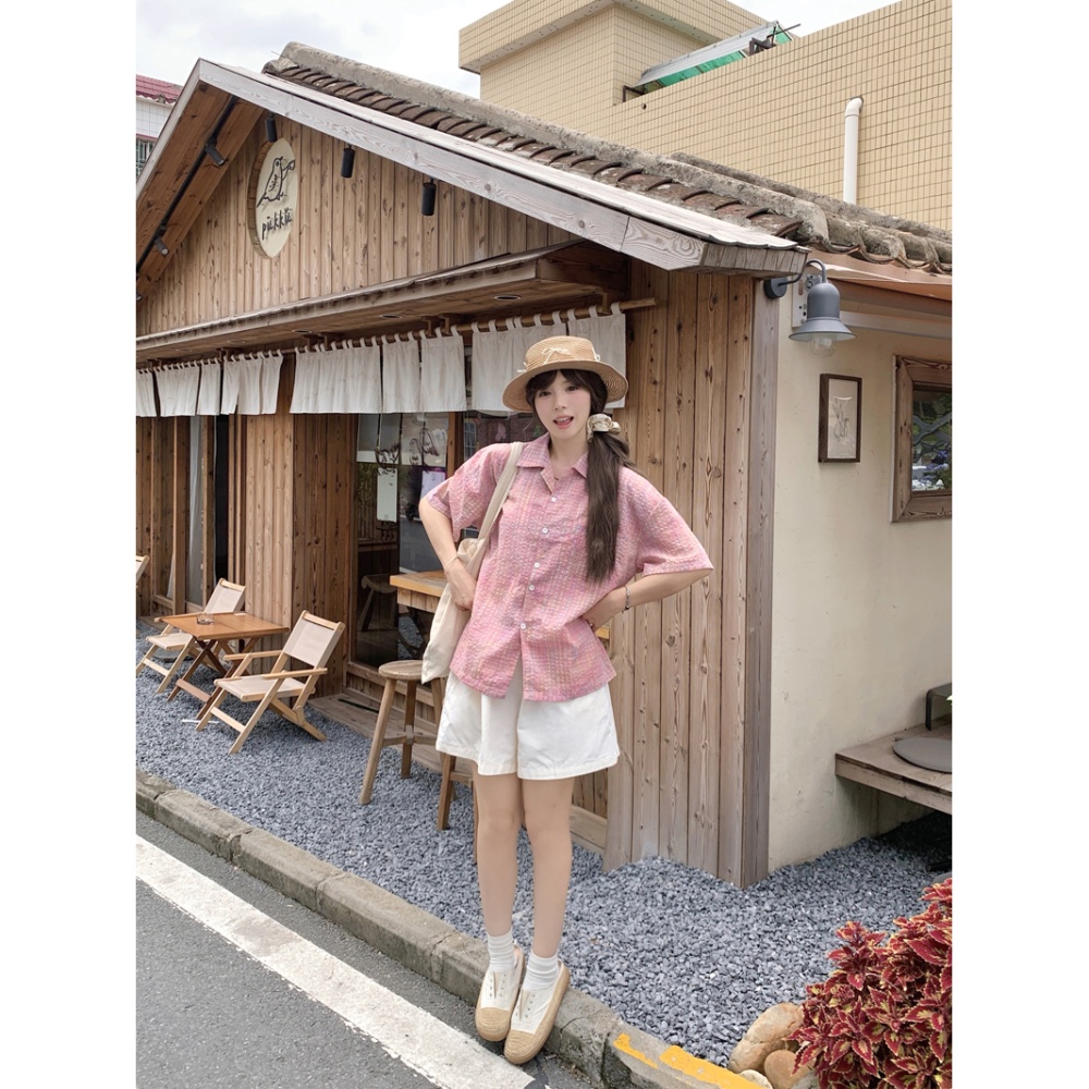 Summer plaid cotton tops bubble all-match loose shirt