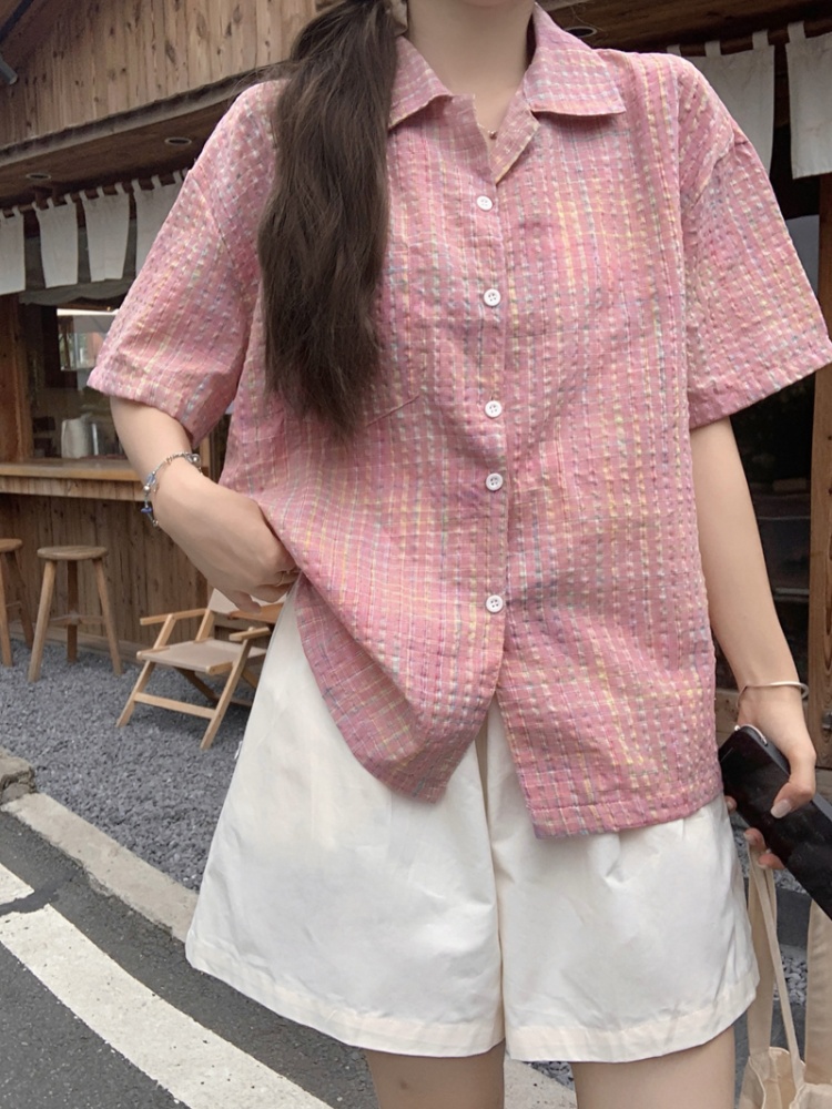 Summer plaid cotton tops bubble all-match loose shirt