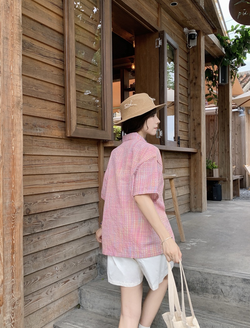 Summer plaid cotton tops bubble all-match loose shirt