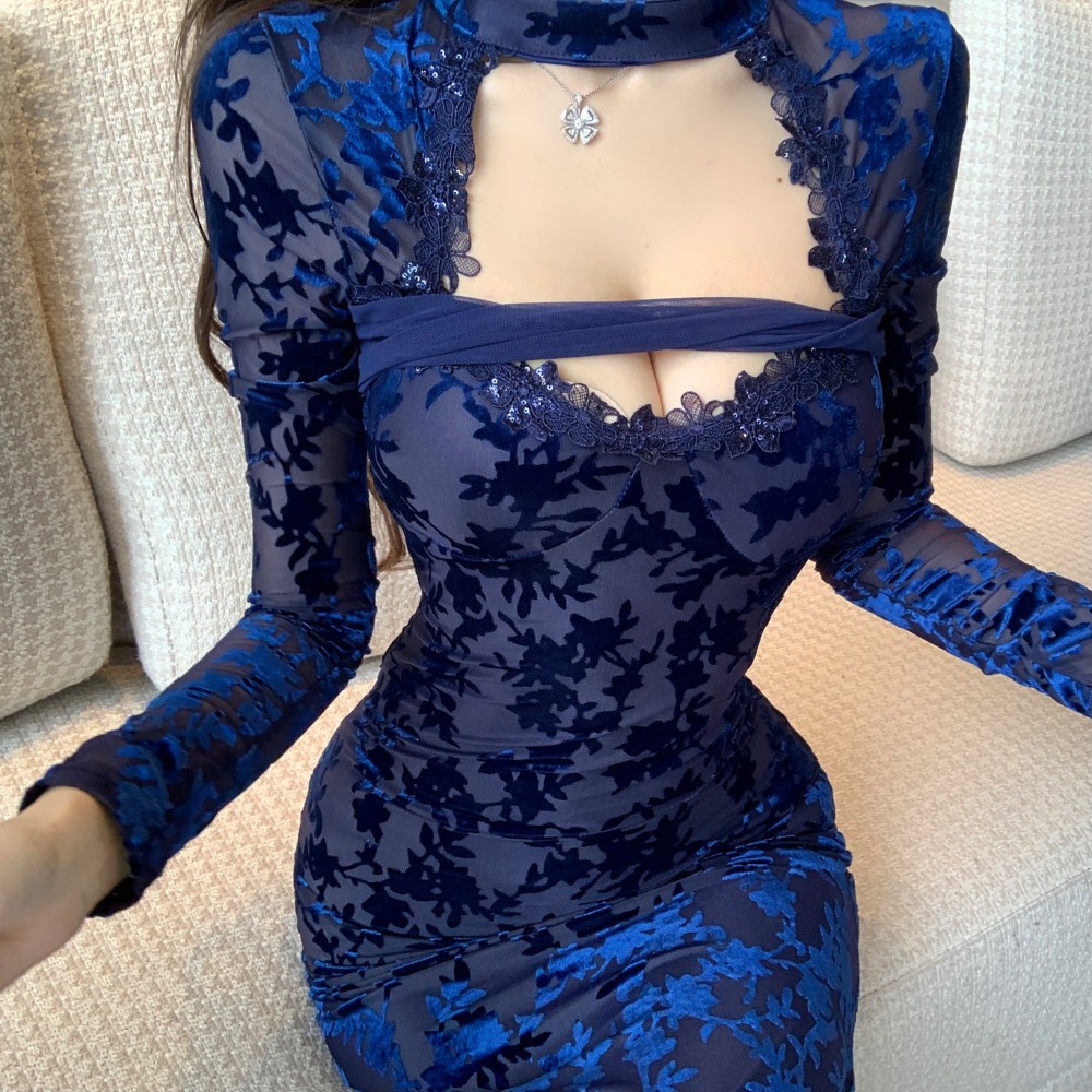 Sexy package hip lace pinched waist dress