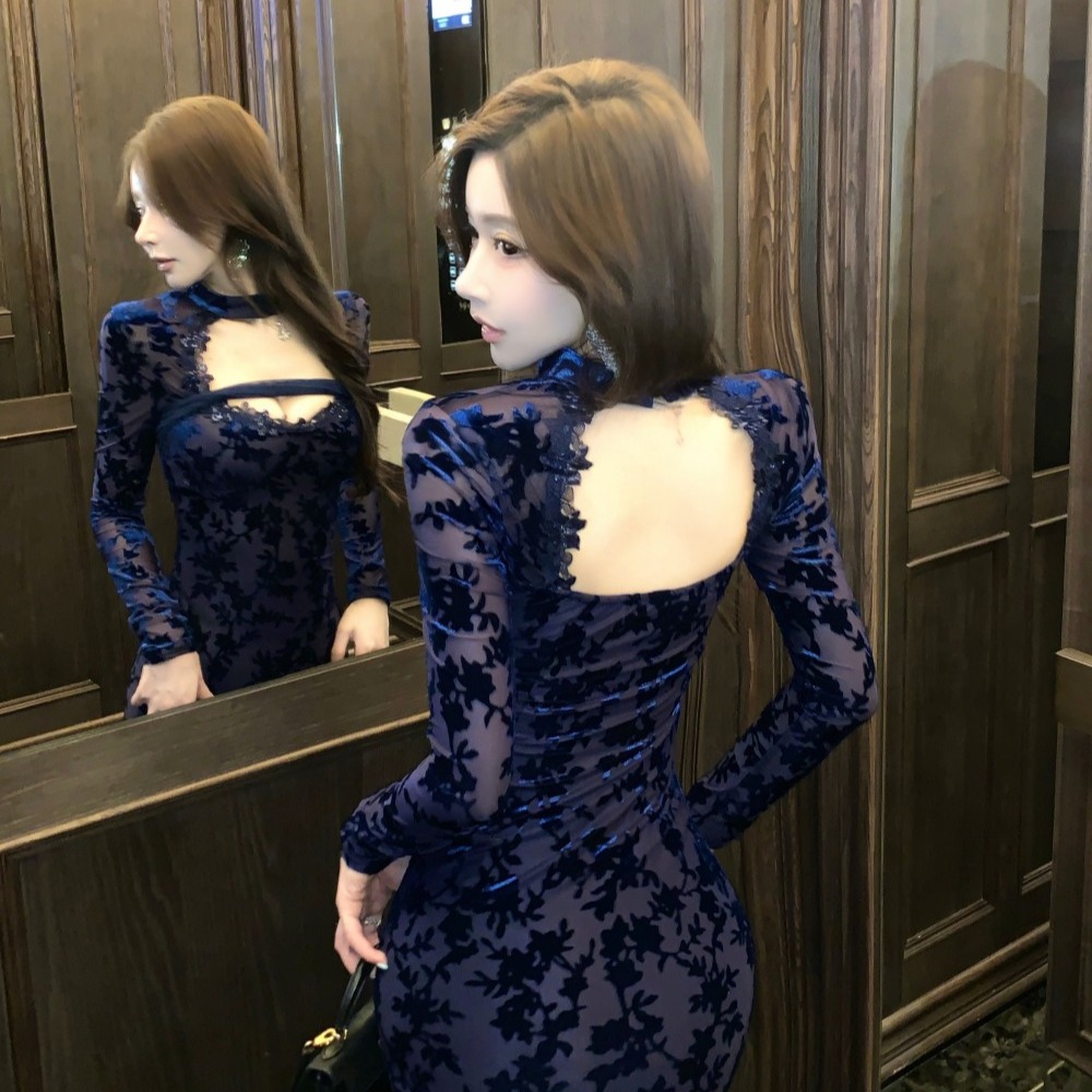 Sexy package hip lace pinched waist dress