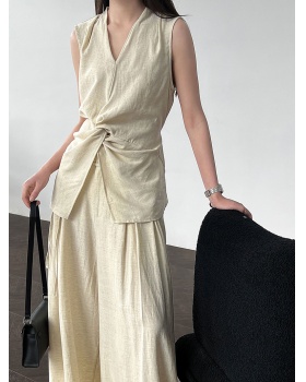 Flax wide leg pants V-neck vest a set for women