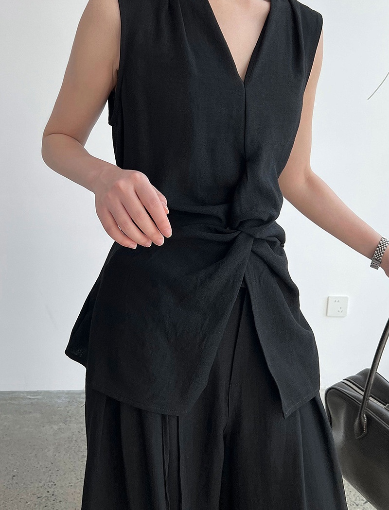 Flax wide leg pants V-neck vest a set for women