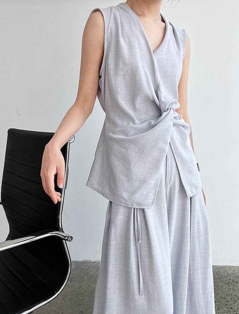 Flax wide leg pants V-neck vest a set for women