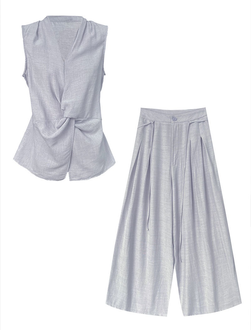 Flax wide leg pants V-neck vest a set for women