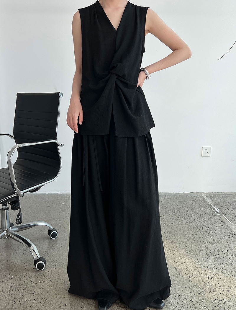 Flax wide leg pants V-neck vest a set for women