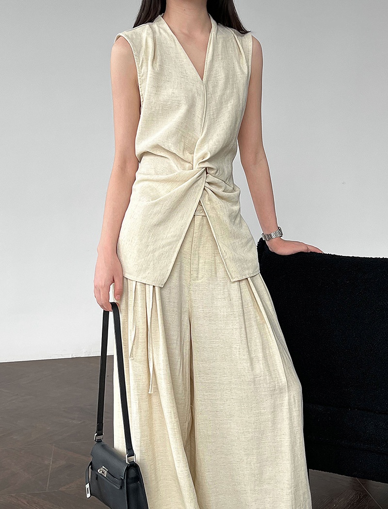 Flax wide leg pants V-neck vest a set for women