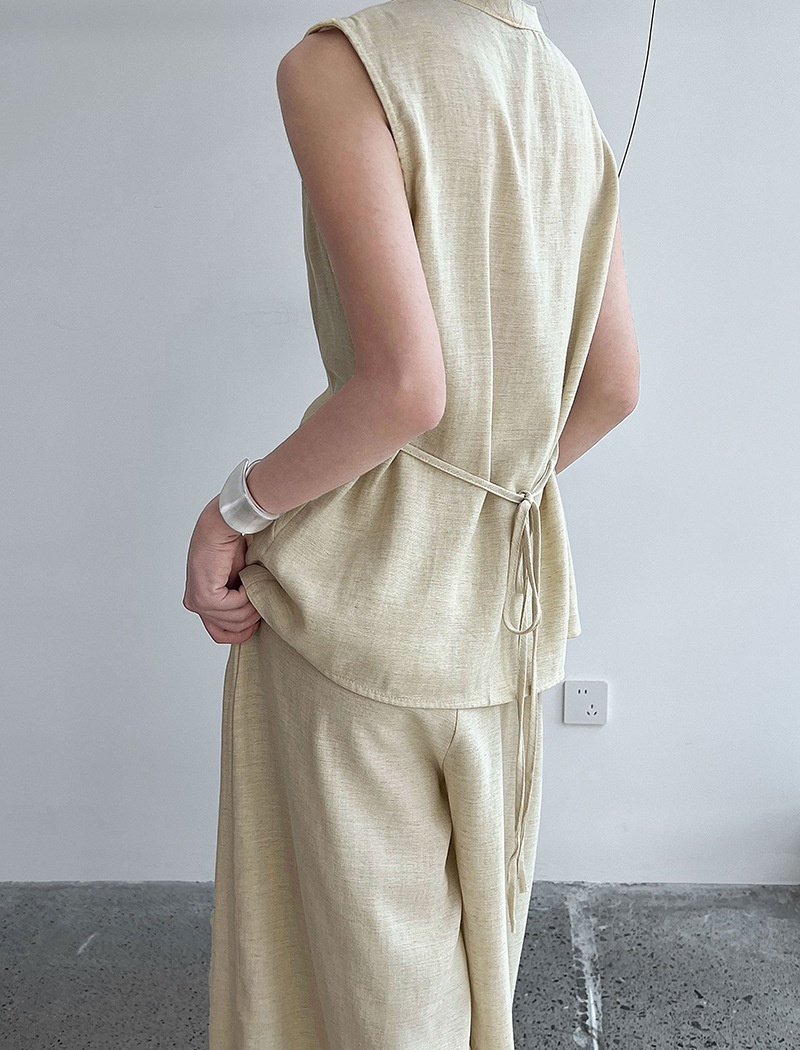 Flax wide leg pants V-neck vest a set for women