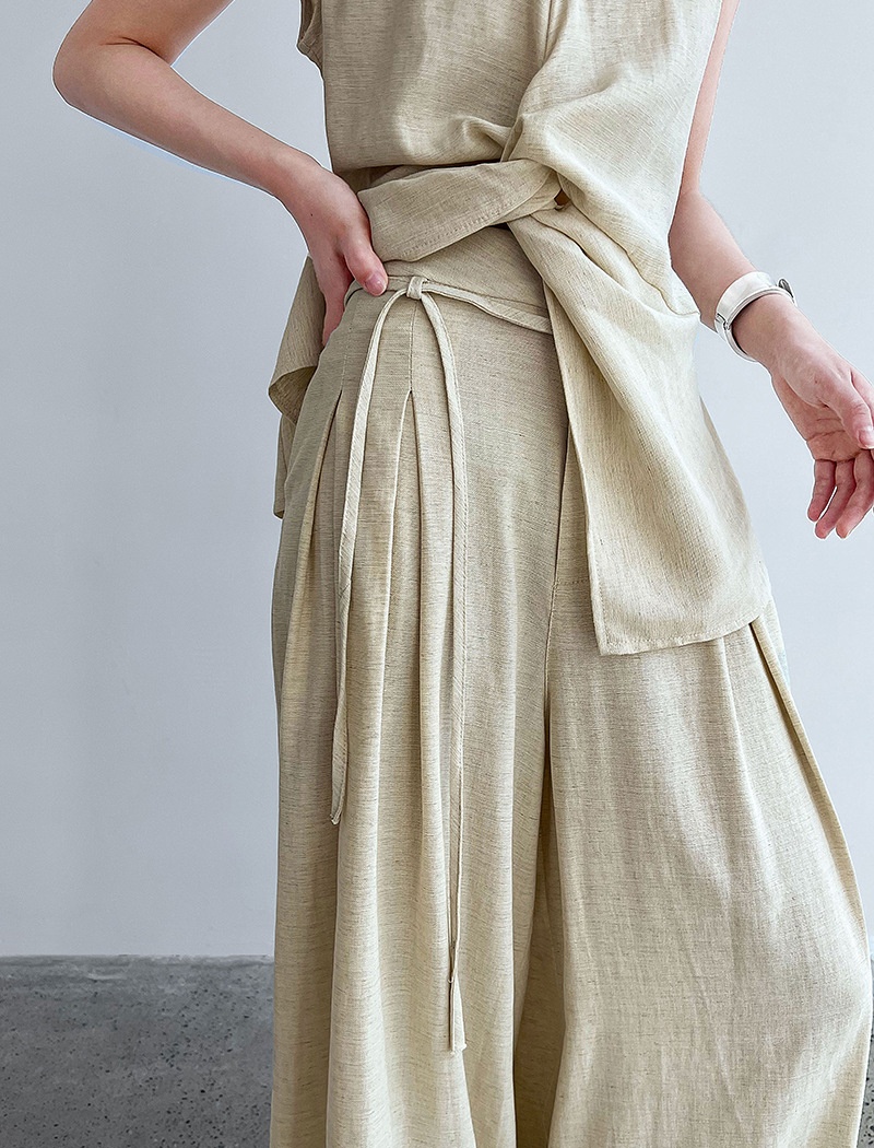 Flax wide leg pants V-neck vest a set for women