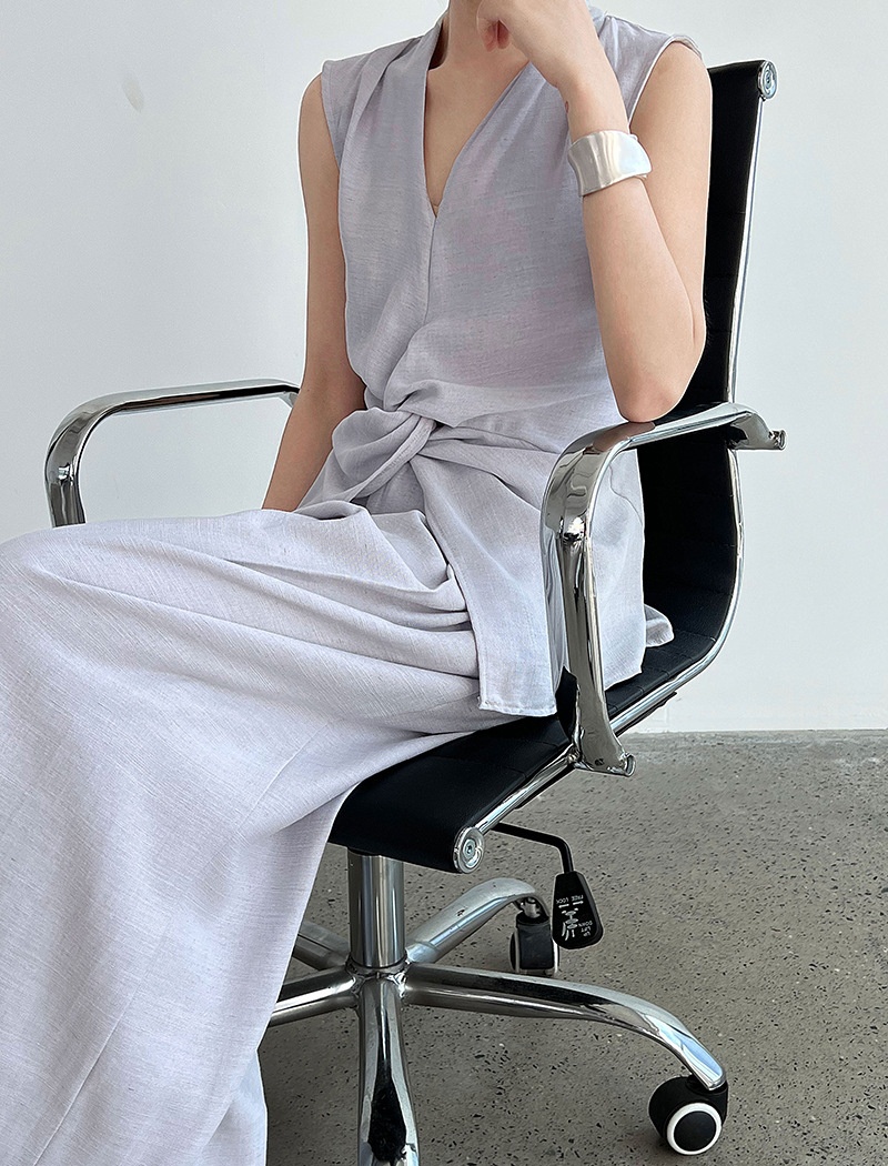 Flax wide leg pants V-neck vest a set for women