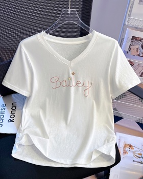 Ice silk summer tops V-neck short sleeve T-shirt for women