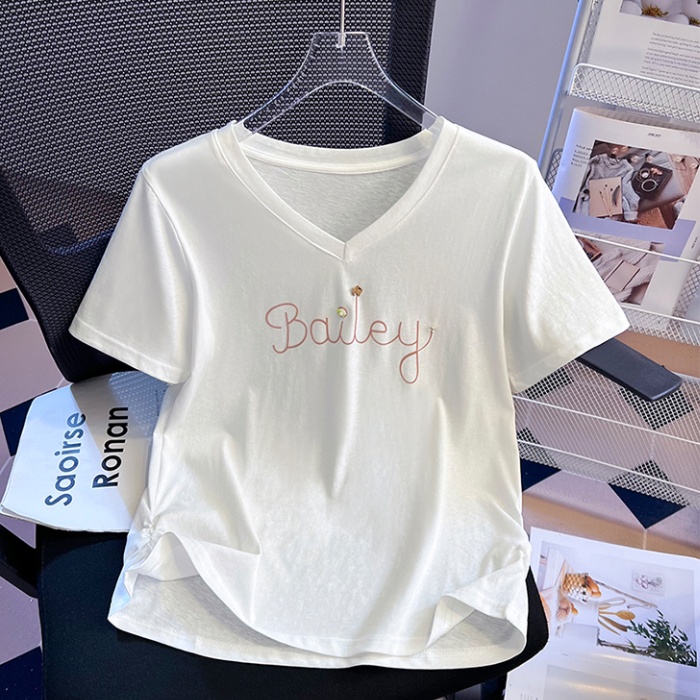 Ice silk summer tops V-neck short sleeve T-shirt for women