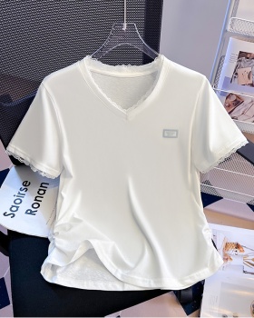 Summer V-neck snowflake pinched waist lace slim cotton tops