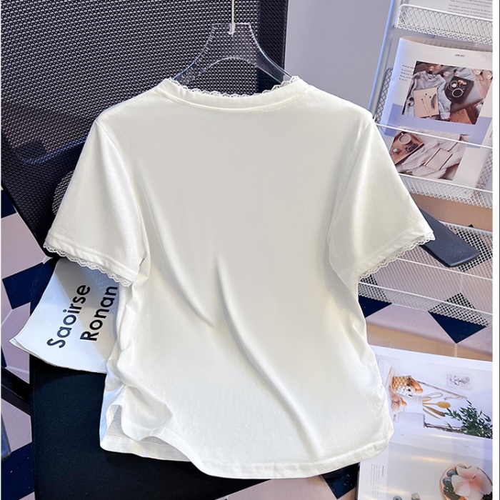 Summer V-neck snowflake pinched waist lace slim cotton tops