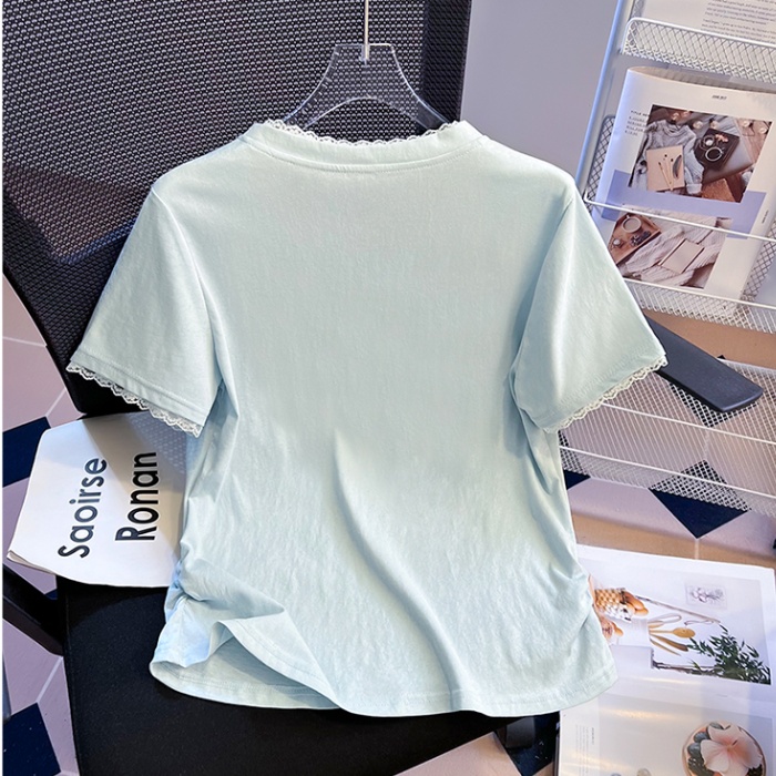 Summer V-neck snowflake pinched waist lace slim cotton tops