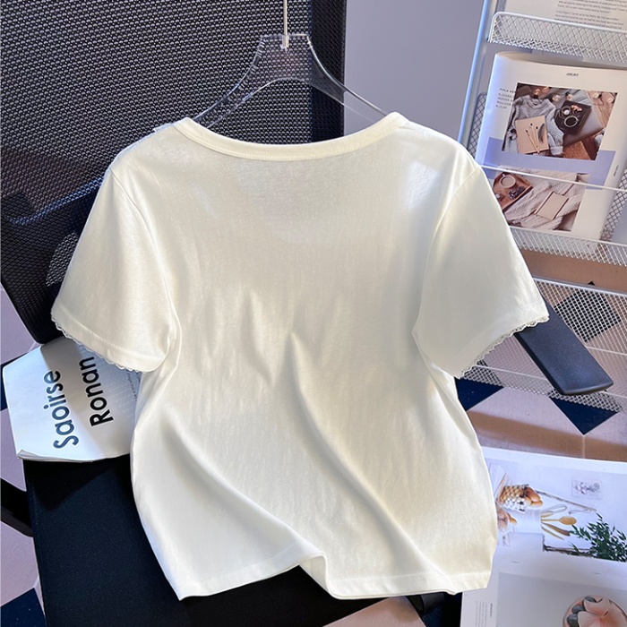 Lace hollow short sleeve T-shirt summer cotton loose tops for women