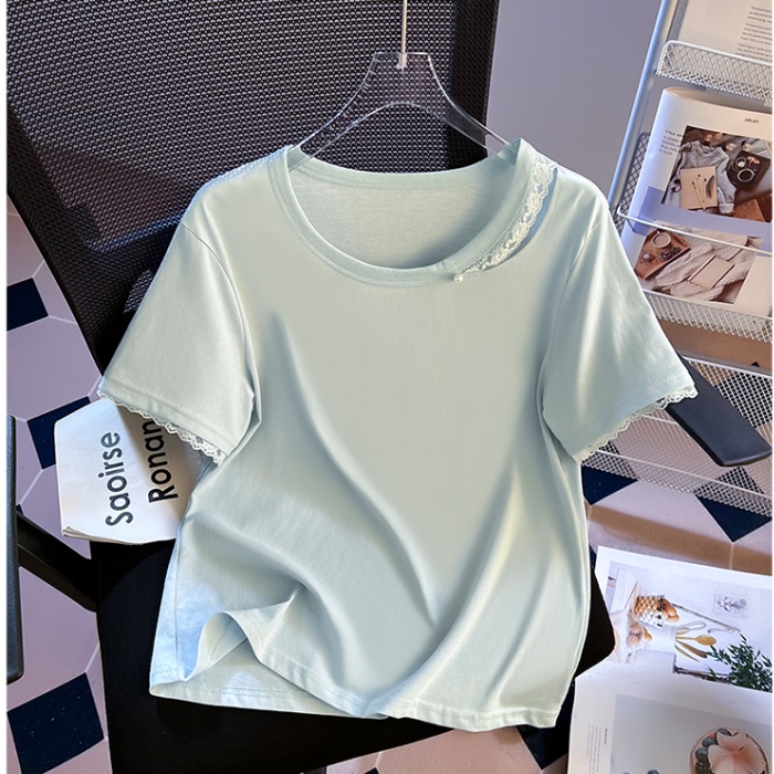 Lace hollow short sleeve T-shirt summer cotton loose tops for women
