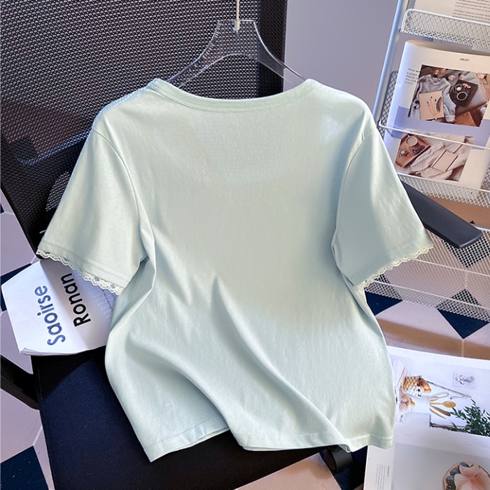 Lace hollow short sleeve T-shirt summer cotton loose tops for women