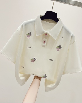 Short sleeve embroidery T-shirt summer lapel tops for women