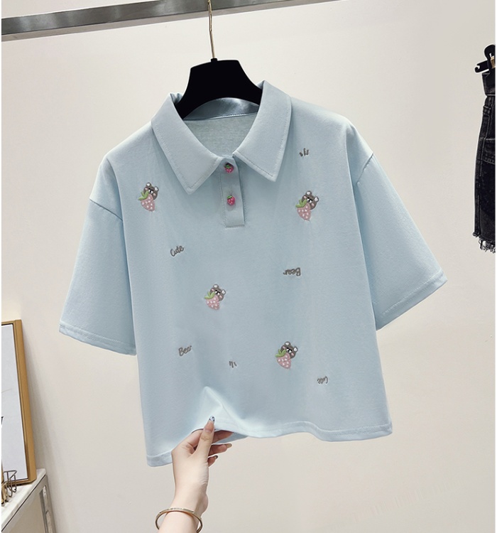 Short sleeve embroidery T-shirt summer lapel tops for women