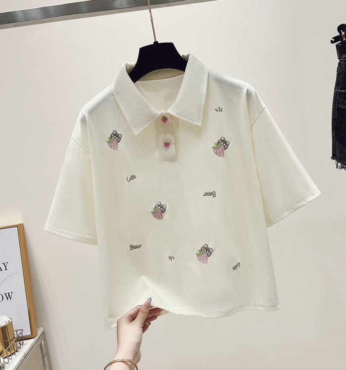 Short sleeve embroidery T-shirt summer lapel tops for women