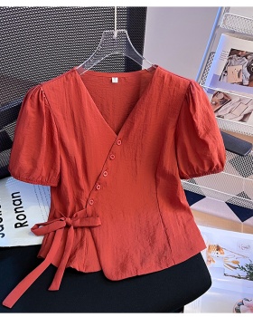 Pinched waist France style bandage tops fashion V-neck shirt