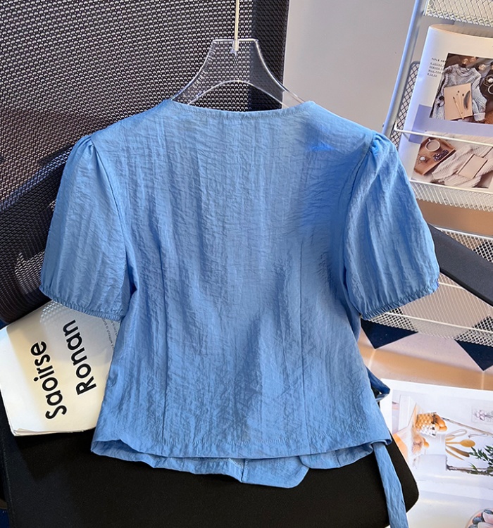Pinched waist France style bandage tops fashion V-neck shirt