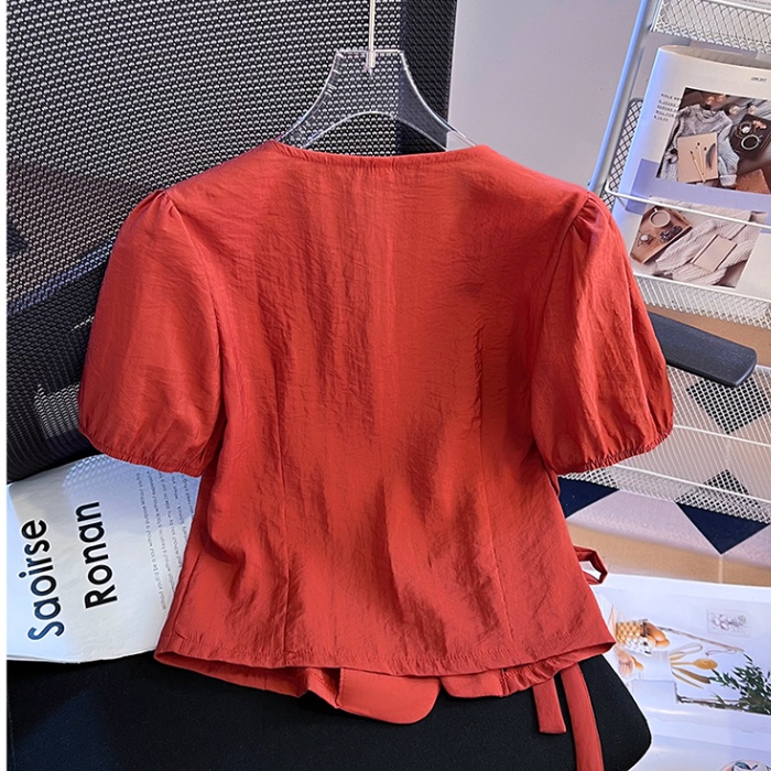 Pinched waist France style bandage tops fashion V-neck shirt