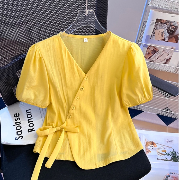 Pinched waist France style bandage tops fashion V-neck shirt