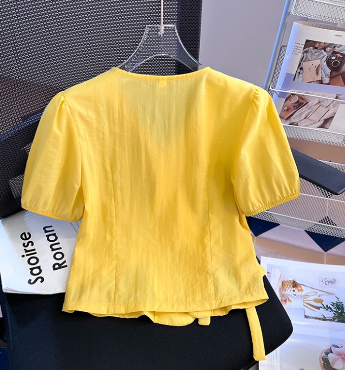 Pinched waist France style bandage tops fashion V-neck shirt