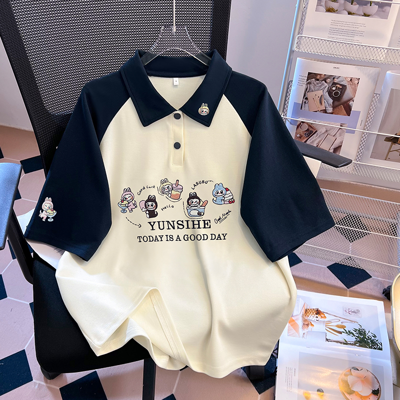 Cartoon slim tops raglan sleeve American style T-shirt for women