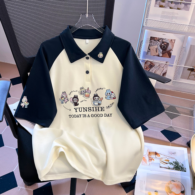 Cartoon slim tops raglan sleeve American style T-shirt for women