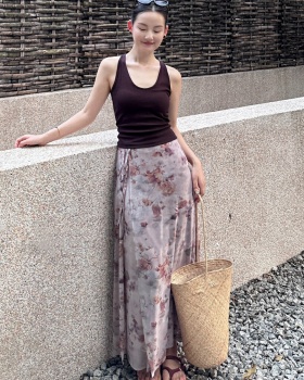 Retro printing skirt fashion pure tops 2pcs set for women