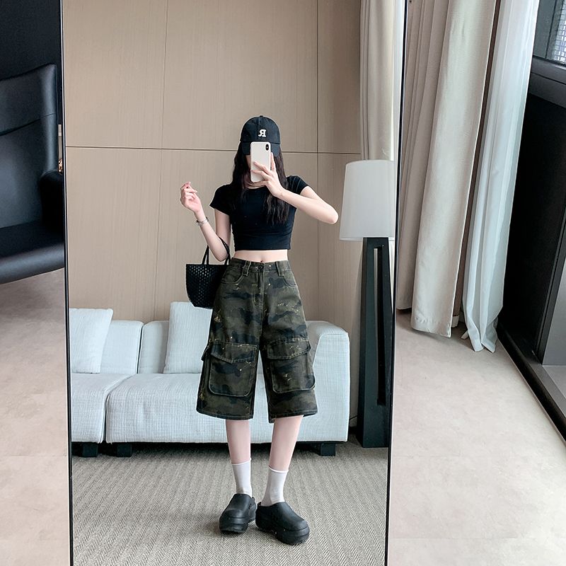 Summer camouflage wide leg pants straight loose shorts