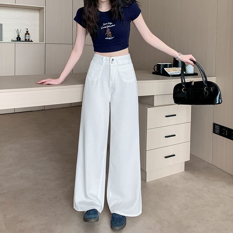 Summer straight loose long pants two buckle white jeans