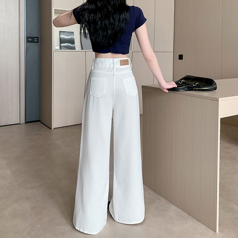 Summer straight loose long pants two buckle white jeans