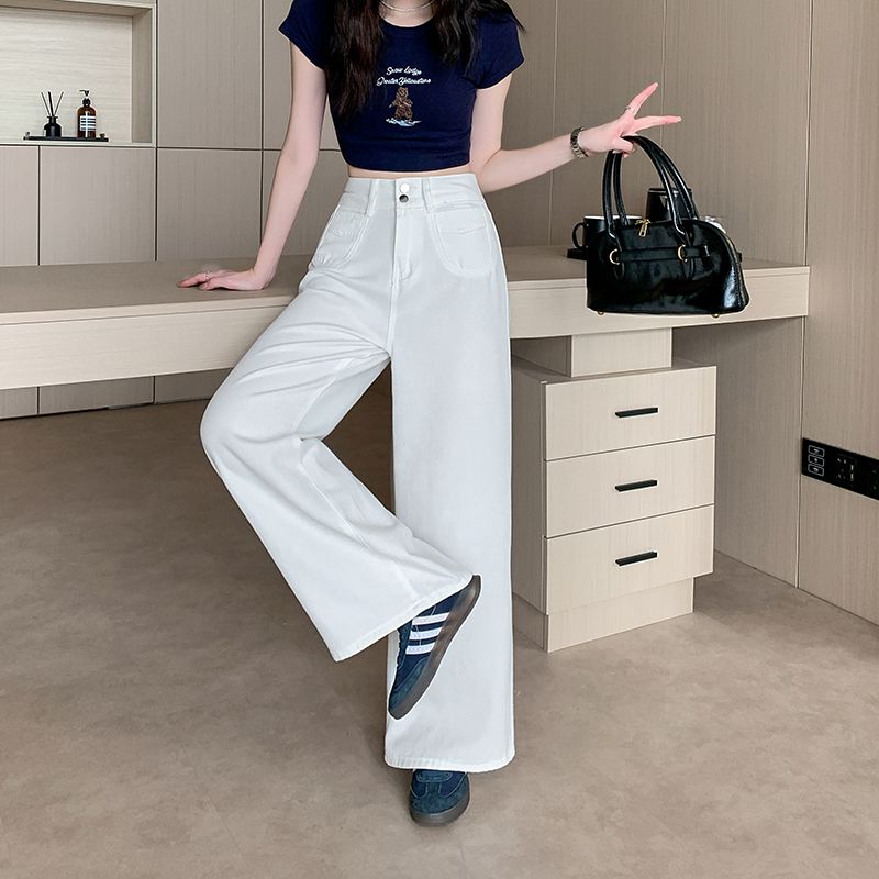 Summer straight loose long pants two buckle white jeans