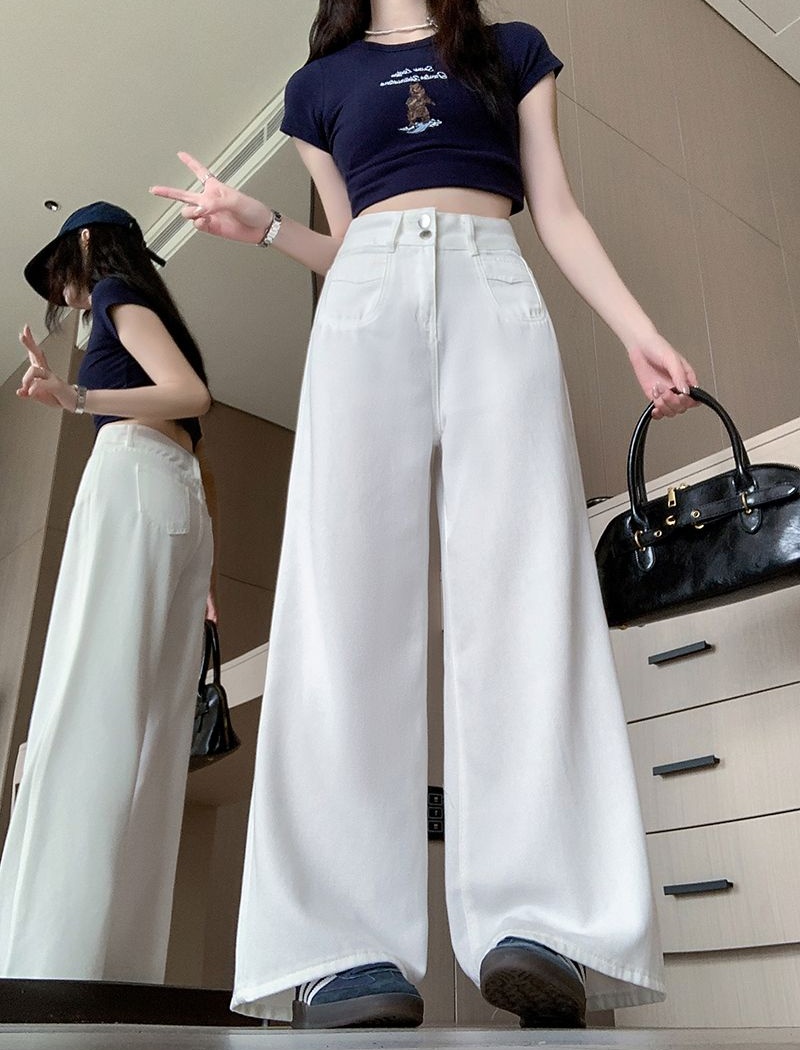 Summer straight loose long pants two buckle white jeans