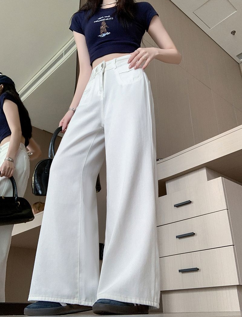 Summer straight loose long pants two buckle white jeans