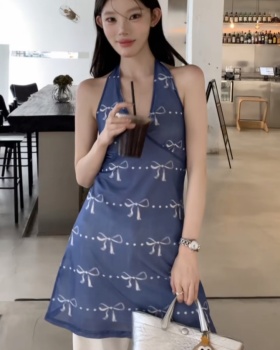 Printing summer halter tops slim blue niche vest for women