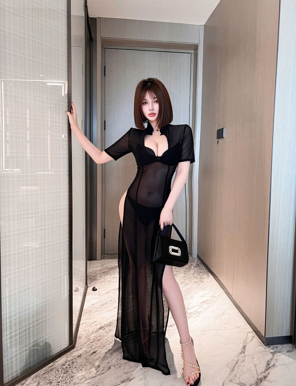 High split night show dress slim gauze work clothing