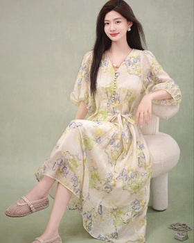 Big skirt with belt colors printing A-line dress