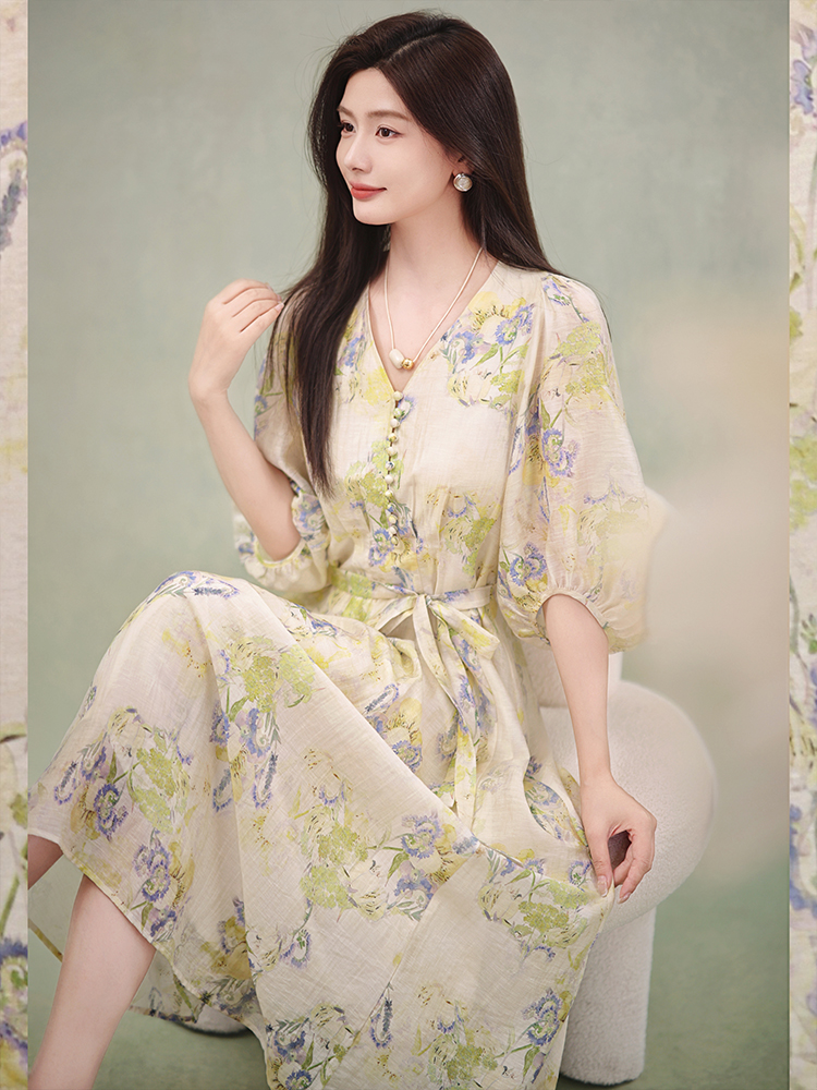 Big skirt with belt colors printing A-line dress