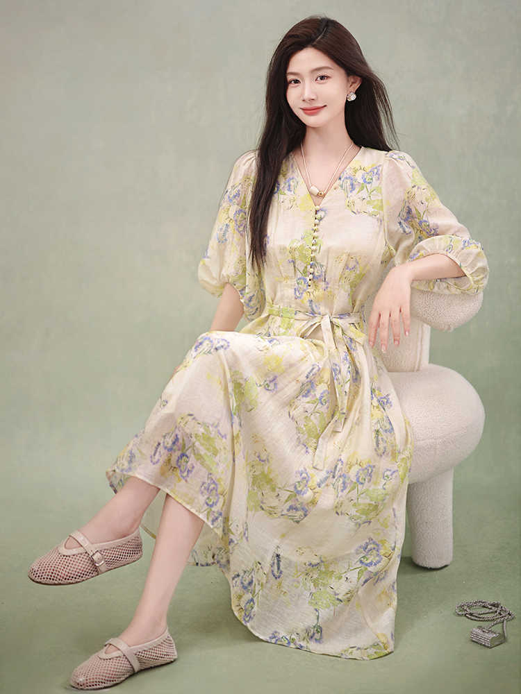 Big skirt with belt colors printing A-line dress