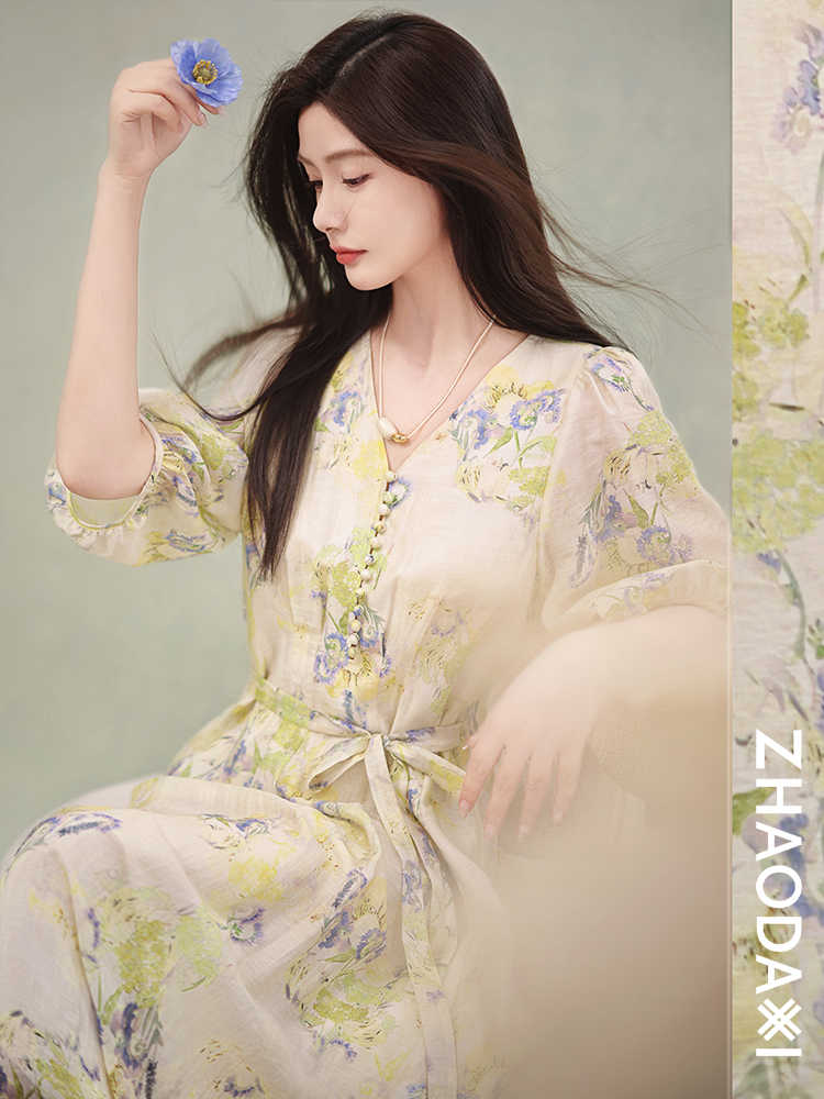 Big skirt with belt colors printing A-line dress