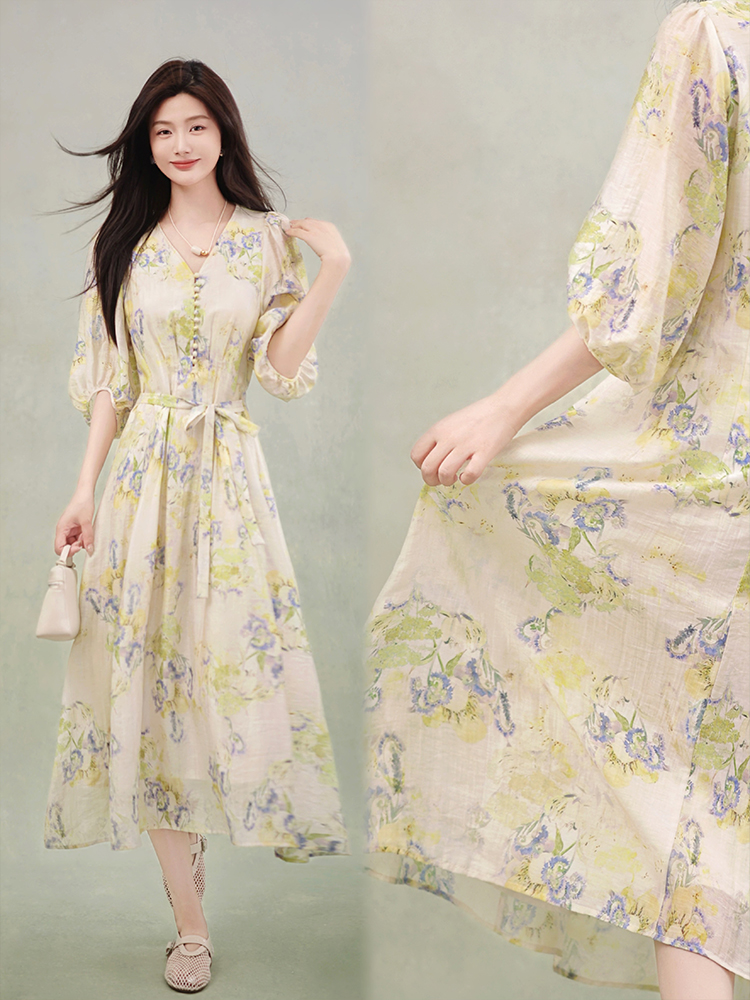 Big skirt with belt colors printing A-line dress