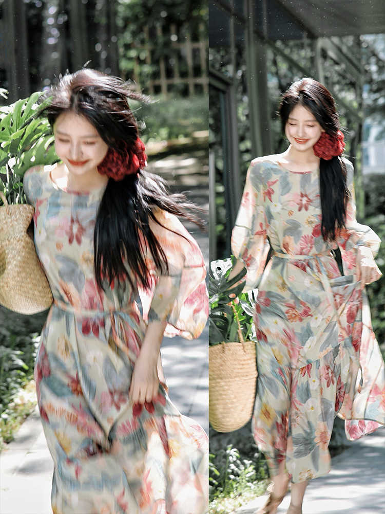 Colors real silk round neck hem dress