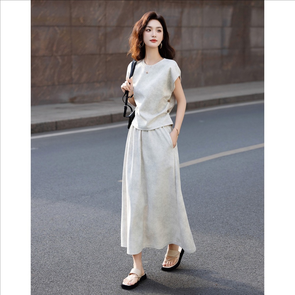 Round neck temperament skirt summer tops 2pcs set
