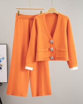 Crystal buckle coat splice sleeve long pants 2pcs set